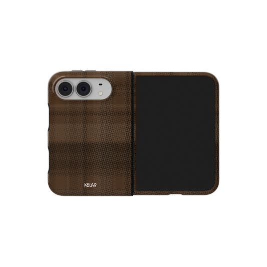 Brown Plaid Flannel, Tartan Aesthetic iPhone 18 Fold Case, unfolded side view showing the hinge