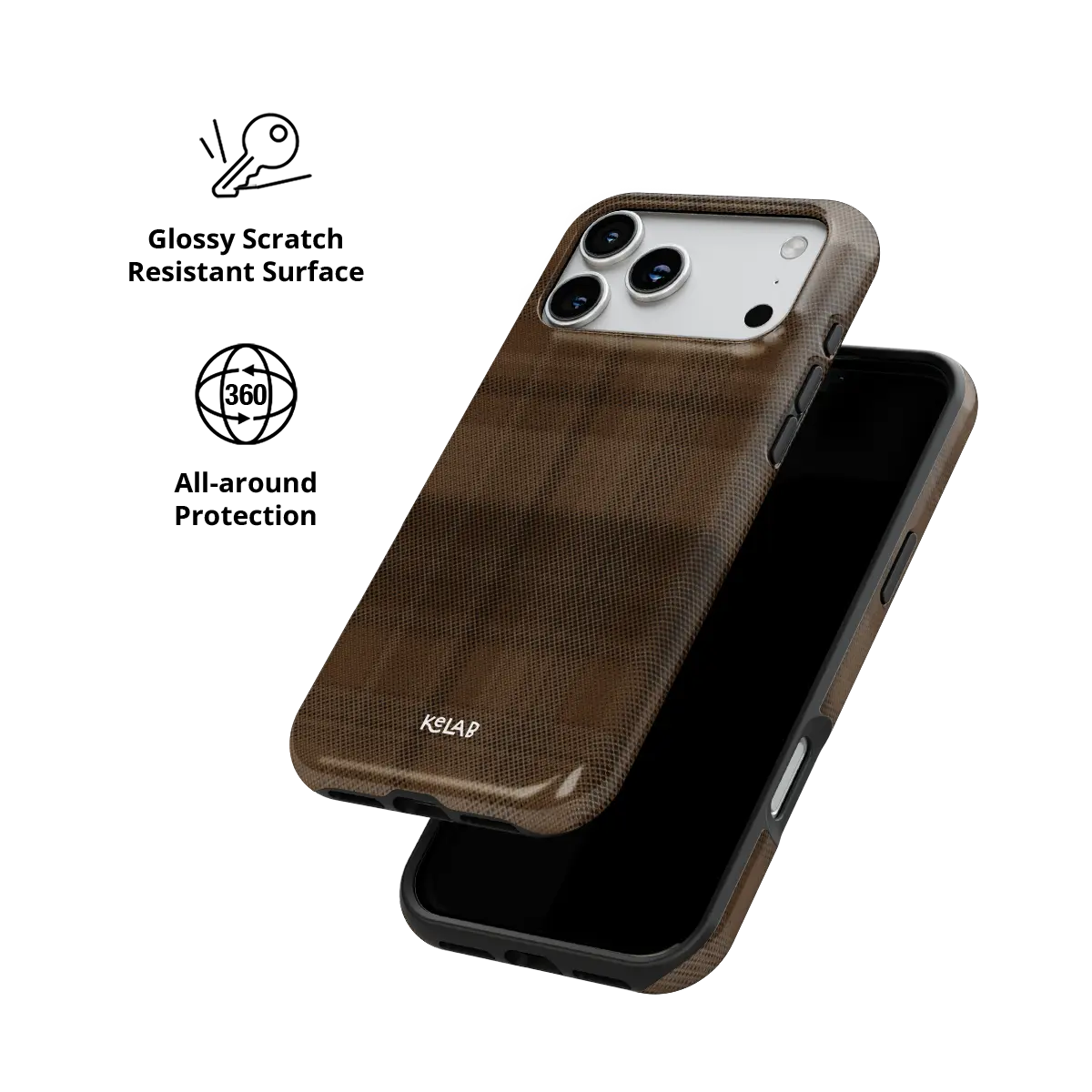 KELAB iPhone case in brown plaid pattern with raised lip for screen and camera protection, minimalist