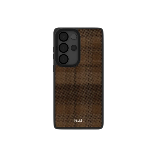 Samsung Galaxy phone case in brown flannel pattern with minimalist design and TPU material
