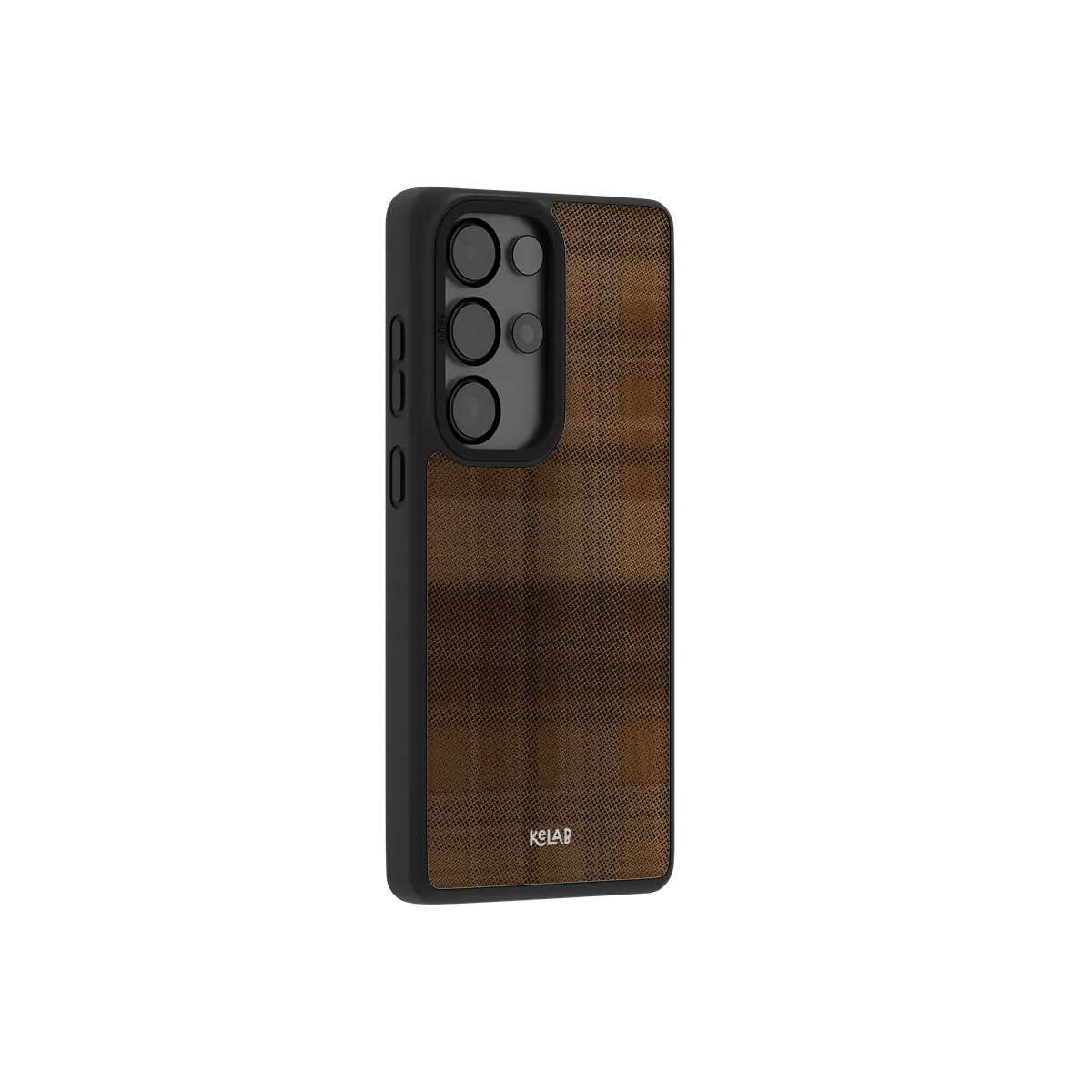 Minimalist Samsung Galaxy phone case in brown TPU with a grid flannel pattern