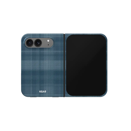 Blue Plaid Flannel, Tartan Aesthetic iPhone 18 Fold Case, unfolded front view