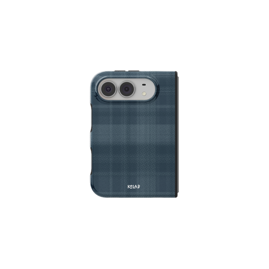 Blue Plaid Flannel, Tartan Aesthetic iPhone 18 Fold Case, unfolded front view