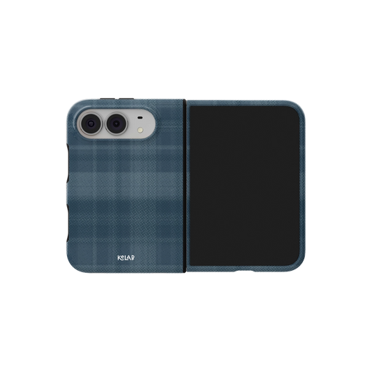 Blue Plaid Flannel, Tartan Aesthetic iPhone 18 Fold Case, unfolded side view showing the hinge