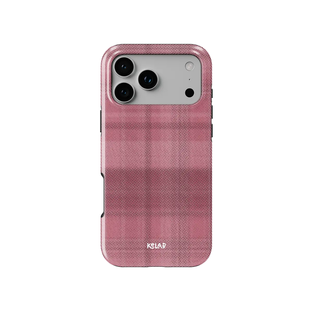 KELAB iphone case with plaid pattern, minimalist pink textured shell and glossy polycarbonate back