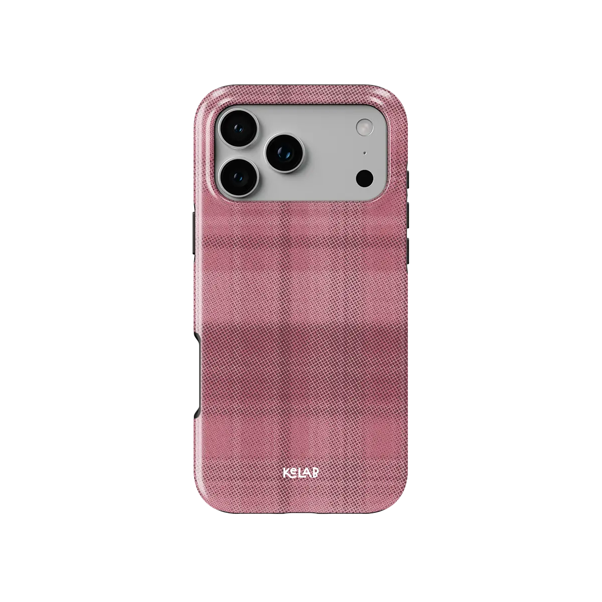 KELAB iphone case with plaid pattern, minimalist pink textured shell and glossy polycarbonate back