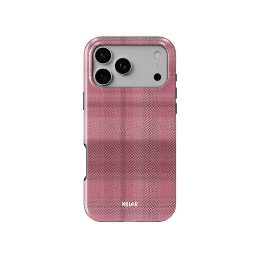 KELAB iphone case with plaid pattern, minimalist pink textured shell and glossy polycarbonate back