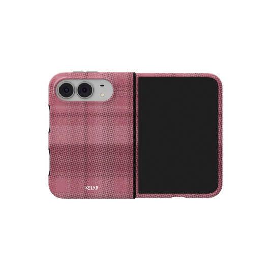 Pink Plaid Flannel, Tartan Aesthetic iPhone 18 Fold Case, unfolded side view showing the hinge