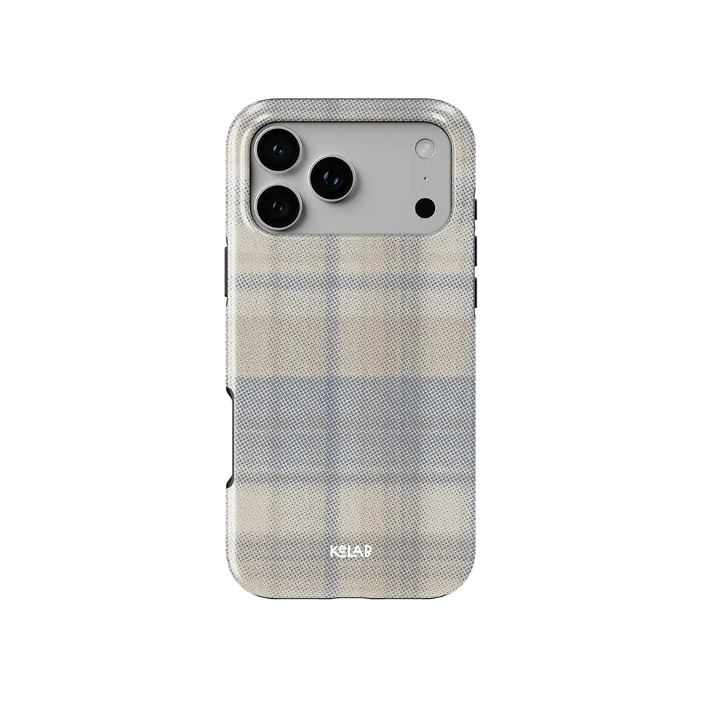 KELAB iPhone case with plaid pattern minimalist beige recycled polycarbonate shell and raised lip
