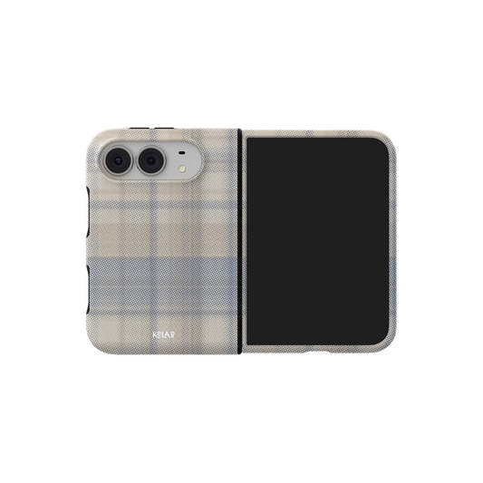 Beige Flannel Plaid iPhone 18 Fold Case, unfolded side view showing the hinge