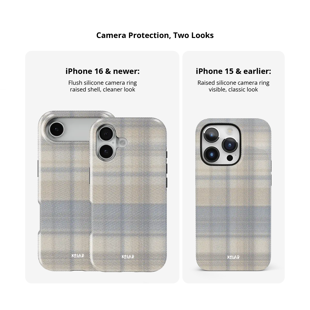 KELAB iPhone case with plaid pattern minimalist beige recycled polycarbonate shell
