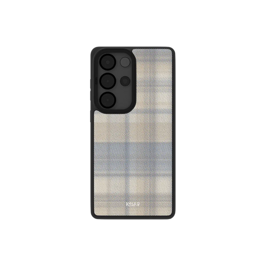 Minimalist Samsung Galaxy phone case in beige flannel grid pattern with TPU material for protection