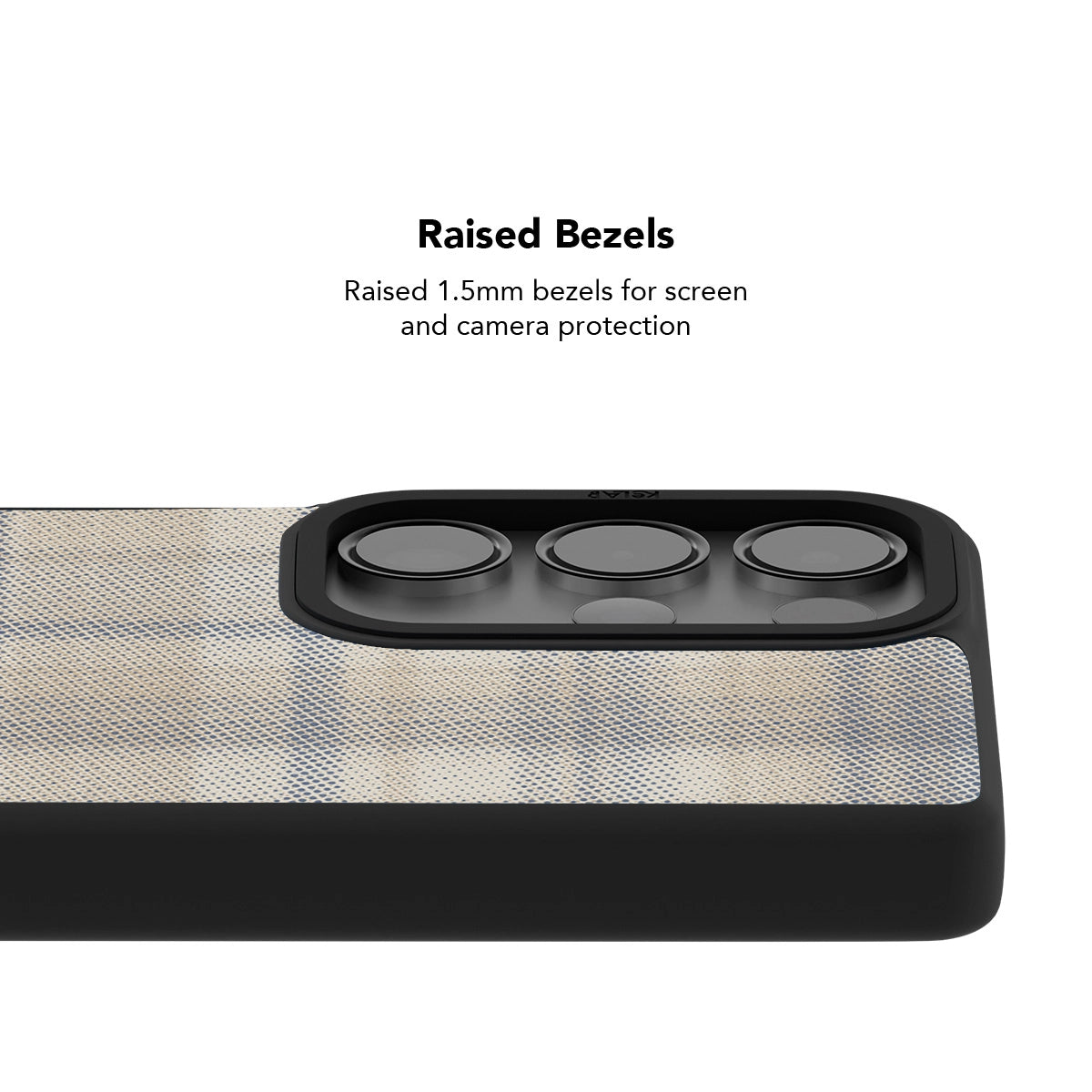 Beige Samsung Galaxy phone case with a flannel grid pattern and raised bezels for screen protection