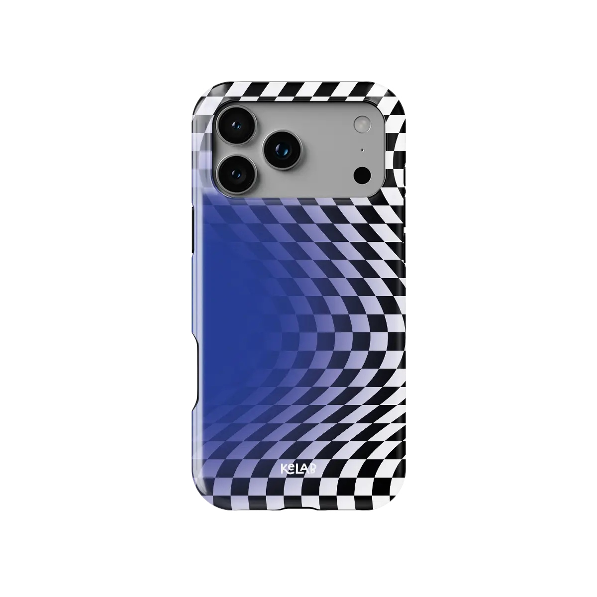 Blue Illusion checkered optical illusion Tough iPhone case, front view showing the pattern.