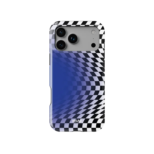 Blue Illusion checkered optical illusion Tough iPhone case, front view showing the pattern.