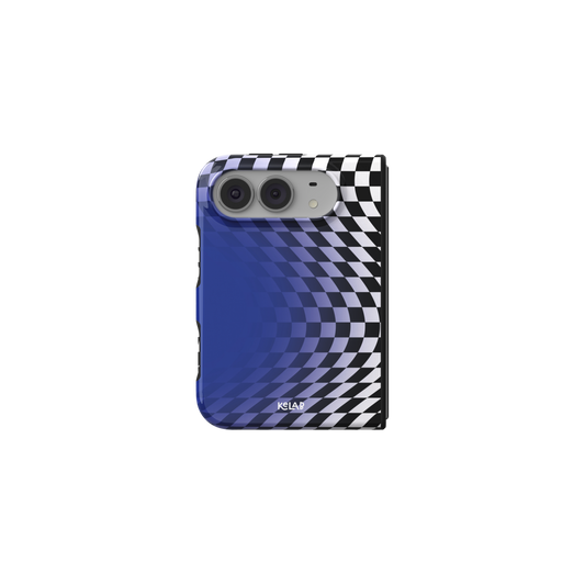 Blue Optical Illusion, Wavy Checkered iPhone 18 Fold Case, unfolded front view