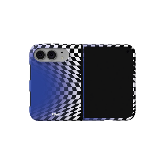 Blue Optical Illusion, Wavy Checkered iPhone 18 Fold Case, unfolded side view showing the hinge