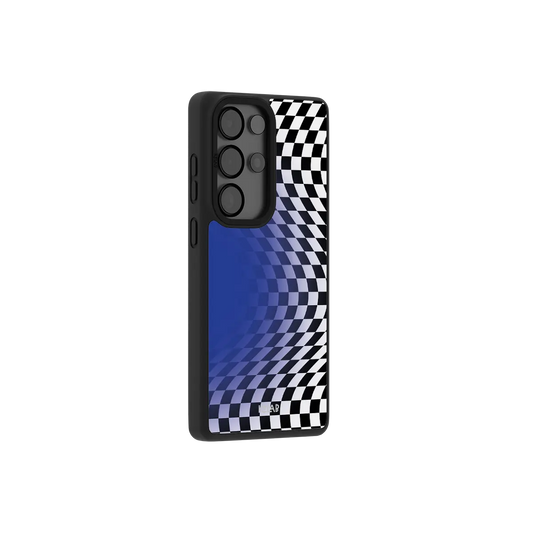 Blue optical illusion checkered Samsung Galaxy case at a side angle showing the wrapped button covers