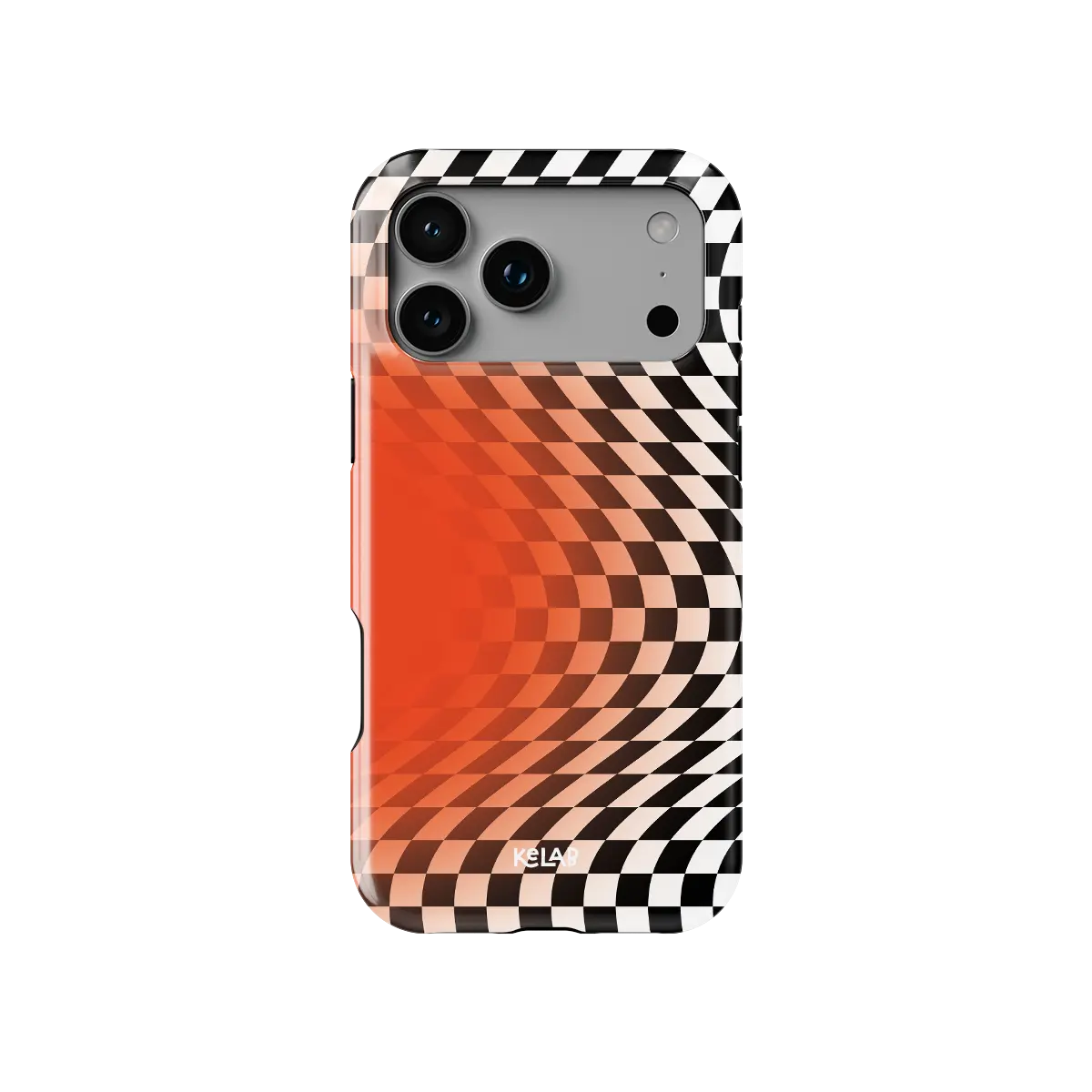 Sunflare orange checkered optical illusion Tough iPhone case, front view showing the pattern.