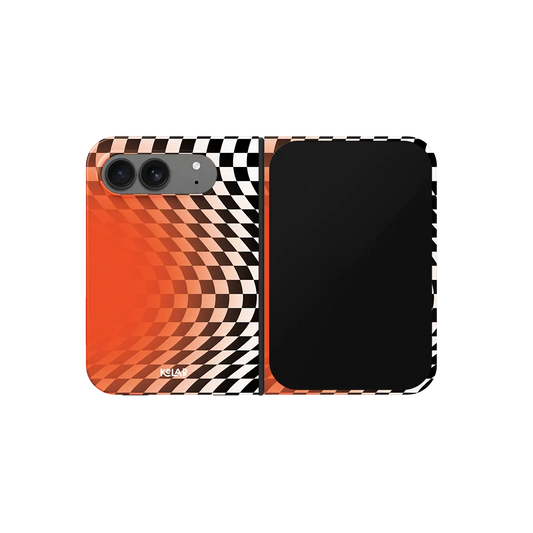 Orange Optical Illusion, Wavy Checkered iPhone 18 Fold Case, unfolded front view