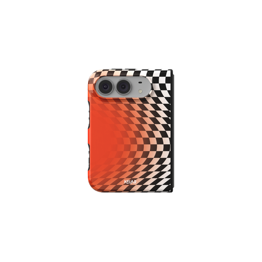 Orange Optical Illusion, Wavy Checkered iPhone 18 Fold Case, unfolded front view