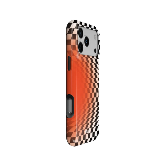 Sunflare orange checkered optical illusion Tough iPhone case, side view showing the pattern wrapped around the shell.