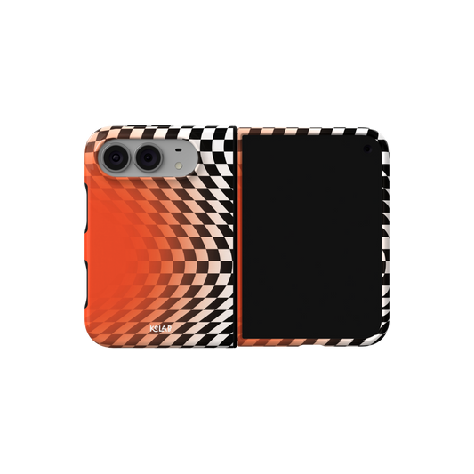 Orange Optical Illusion, Wavy Checkered iPhone 18 Fold Case, unfolded side view showing the hinge