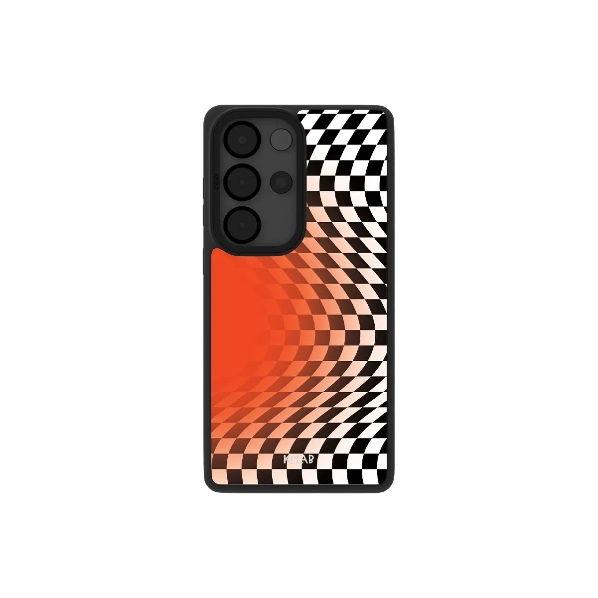 Orange checkered Samsung Galaxy case, back view with a warped optical illusion vortex around the camera cutout
