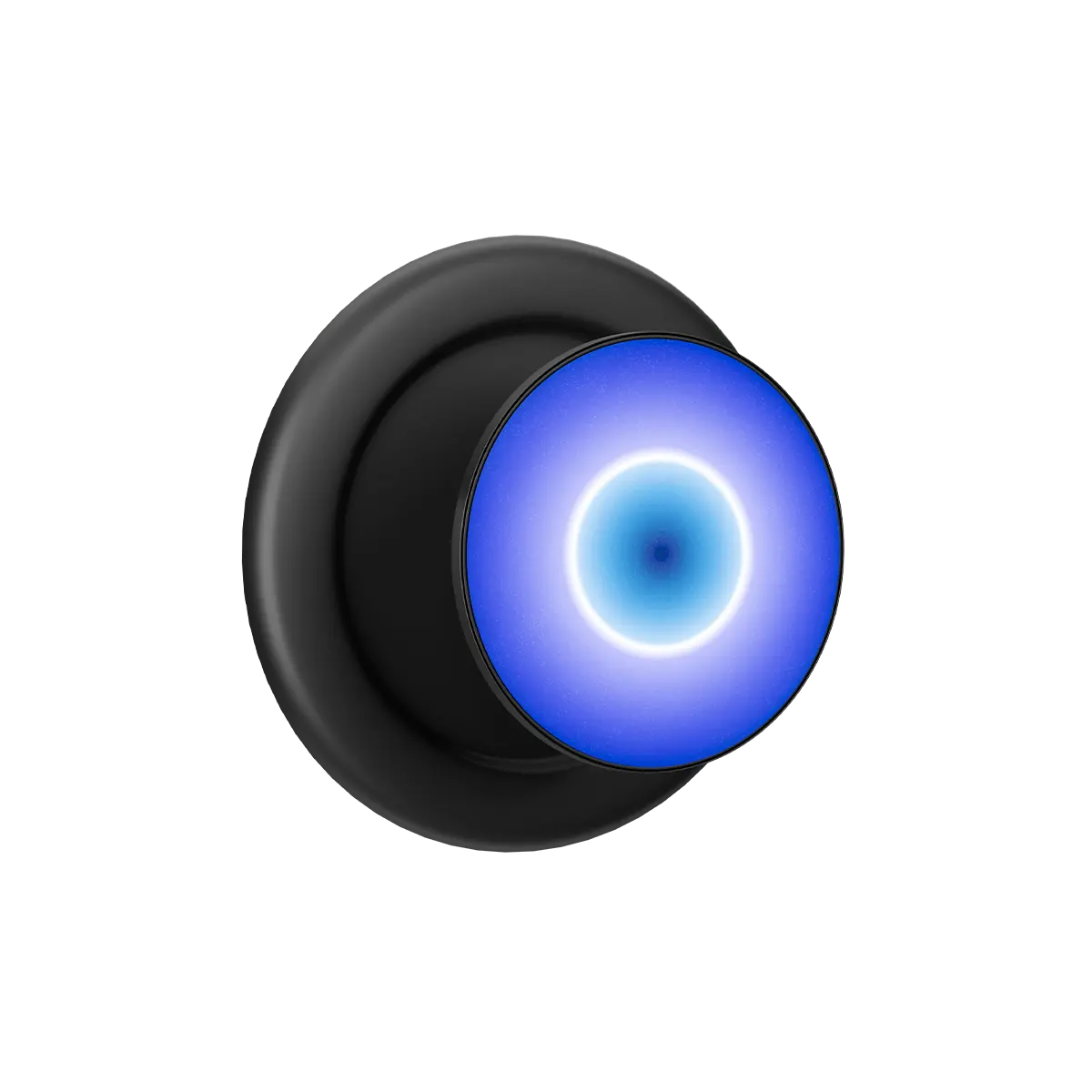 Black MagSafe phone grip with glowing blue evil eye design and built-in strong magnets.