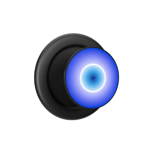Black MagSafe phone grip with glowing blue evil eye design and built-in strong magnets.