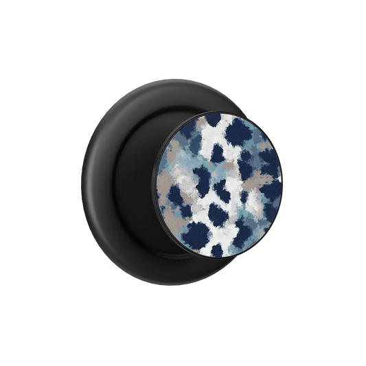 Blue cheetah print MagSafe pop grip phone grip with built-in strong magnets and black base.