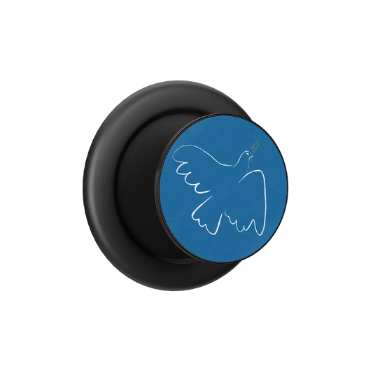 Black MagSafe phone grip with blue circular top featuring white dove outline, pop grip with built-in strong magnets.