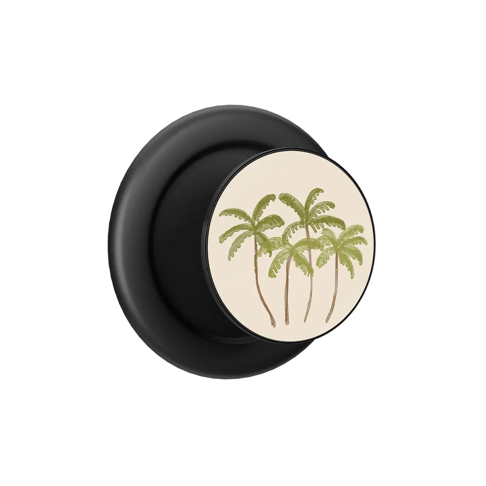 Black MagSafe phone grip with palm tree design and built-in strong magnets pop grip.