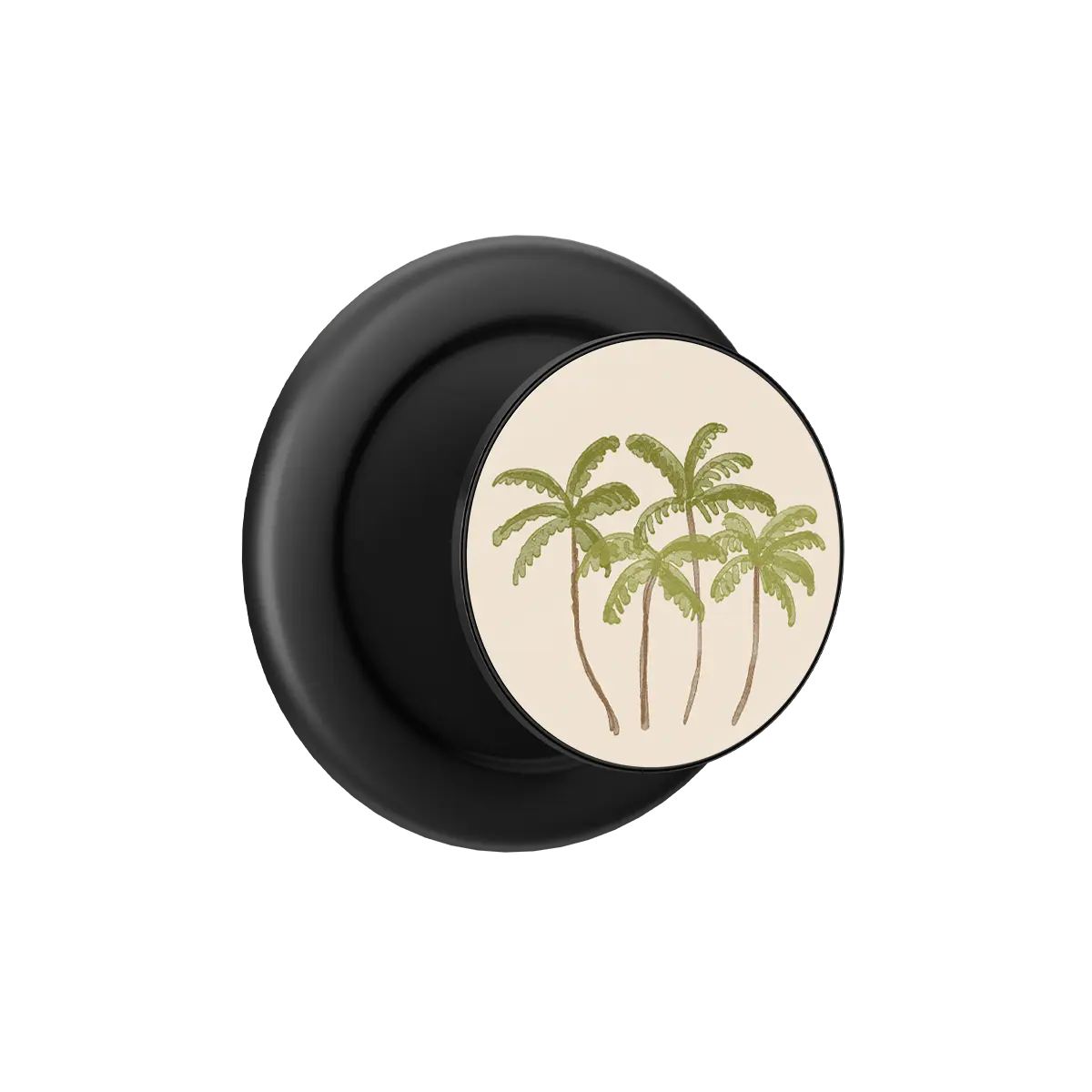 Black MagSafe phone grip with palm tree design and built-in strong magnets pop grip.