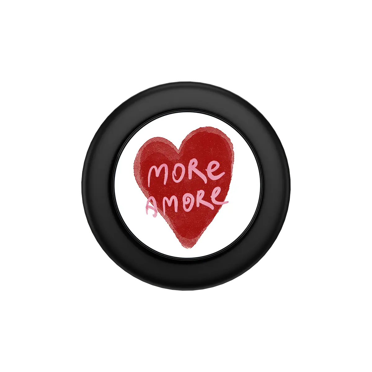 Black MagSafe phone grip with hand-drawn red heart and "More Amore" text, pop grip with built-in strong magnets.