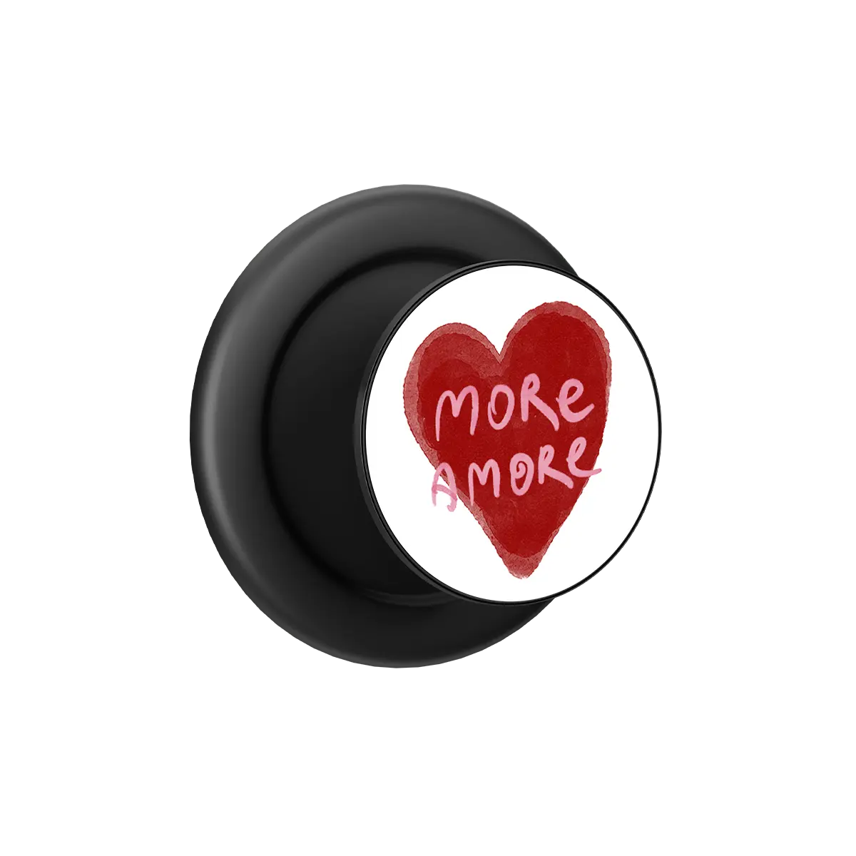 Black MagSafe phone grip with hand-drawn red heart and "More Amore" text, pop grip with built-in strong magnets.