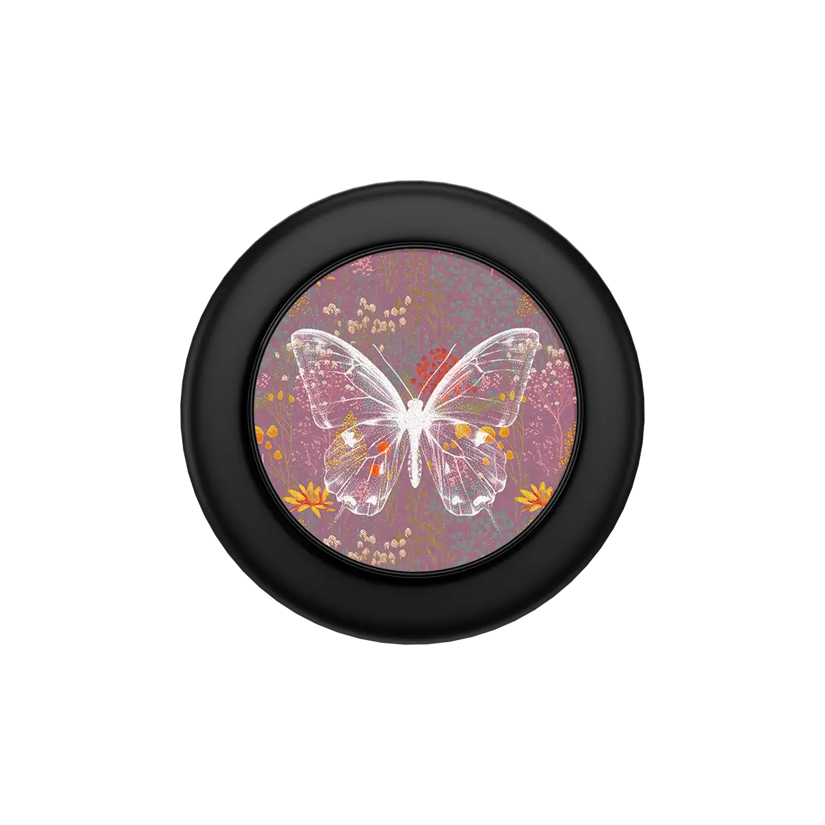 Black MagSafe phone grip with pink and purple botanical butterfly design and built-in strong magnets.