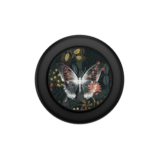 Black MagSafe phone grip with botanical butterfly design and built-in strong magnets.