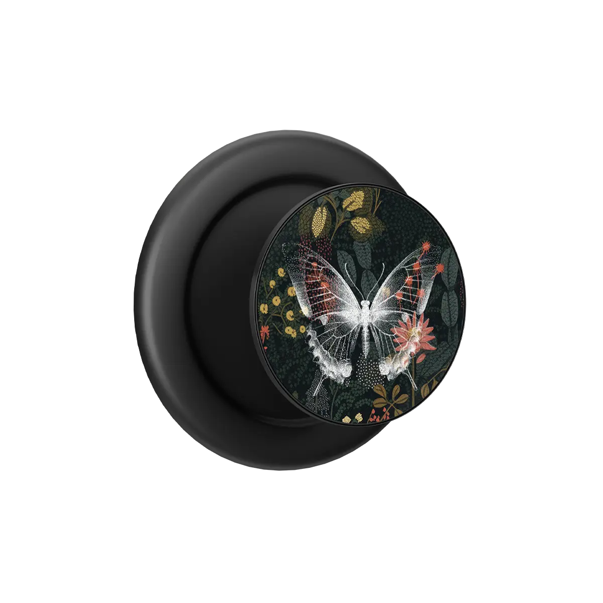 Black MagSafe phone grip with botanical butterfly design and built-in strong magnets.