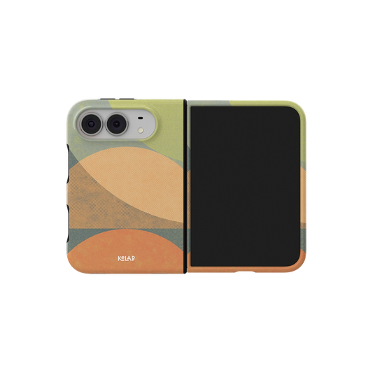 Earthy Geometric, Terracotta Olive iPhone 18 Fold Case, unfolded side view showing the hinge