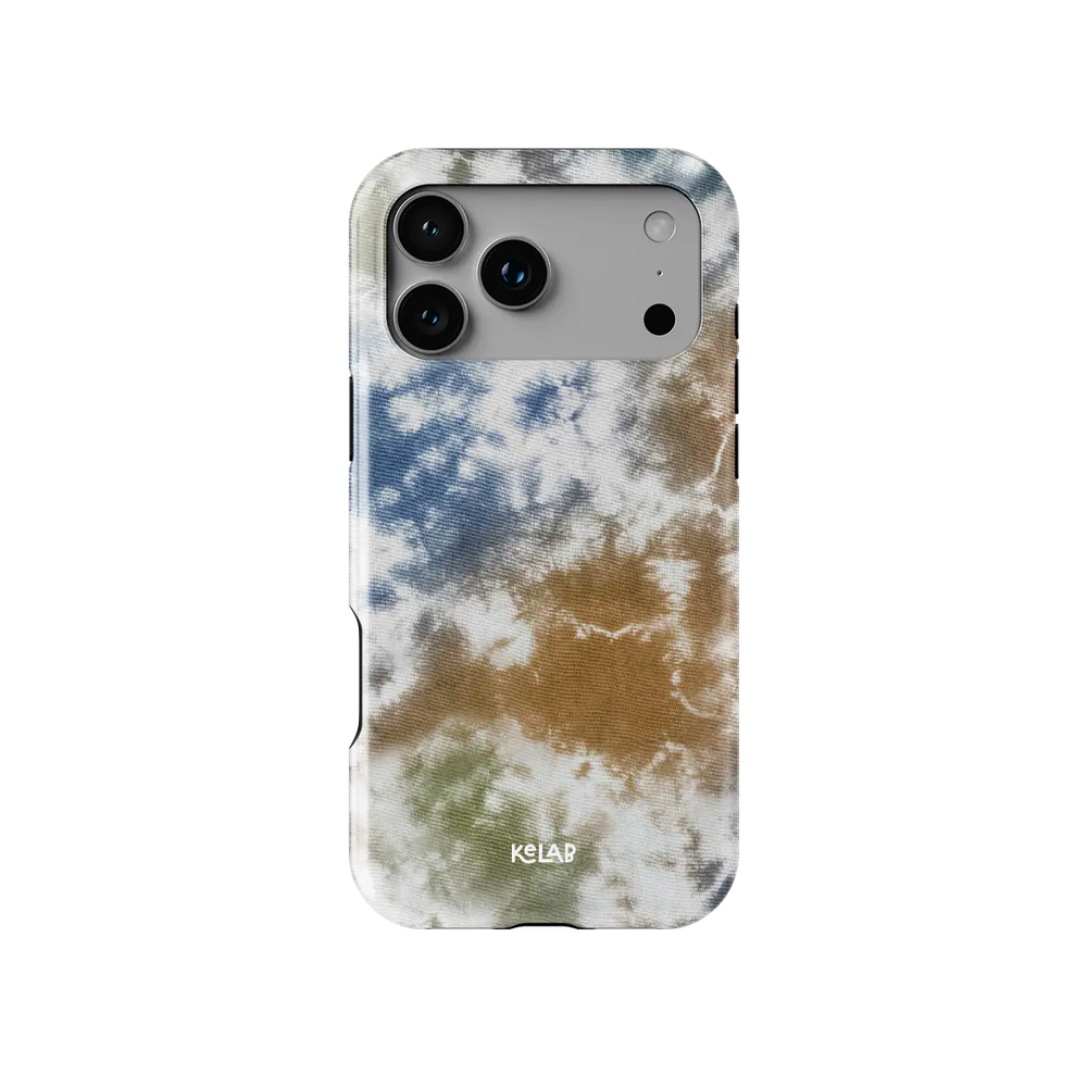 Indigo Soil brown-blue tie-dye Tough iPhone case, front view showing the pattern.