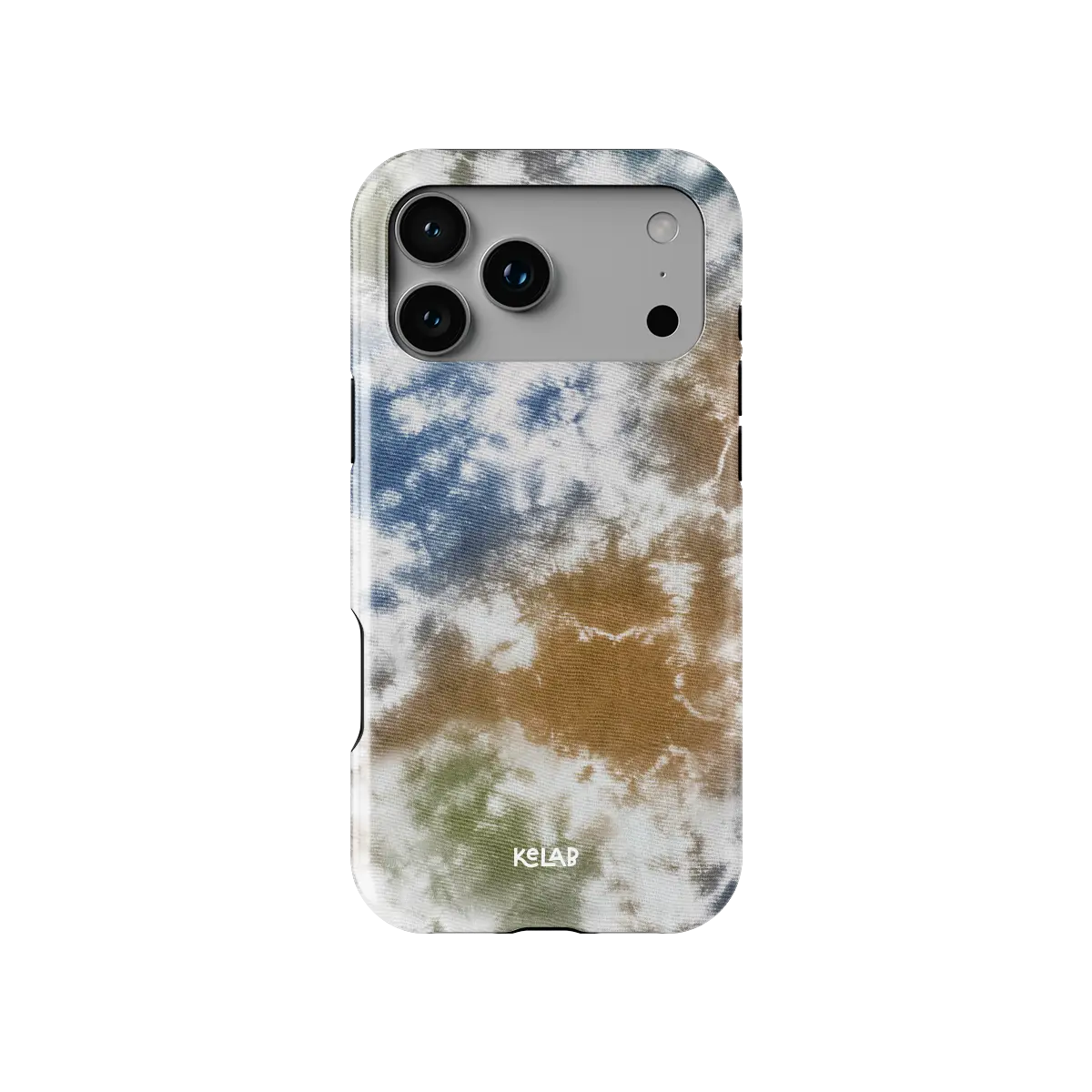 Indigo Soil brown-blue tie-dye Tough iPhone case, front view showing the pattern.