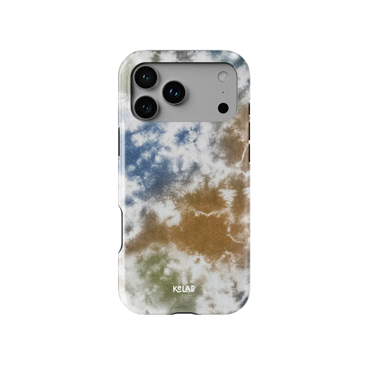 Indigo Soil brown-blue tie-dye Tough iPhone case, front view showing the pattern.