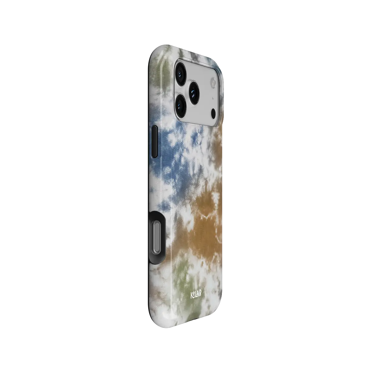 Indigo Soil brown-blue tie-dye Tough iPhone case, side view showing the pattern wrapped around the shell.