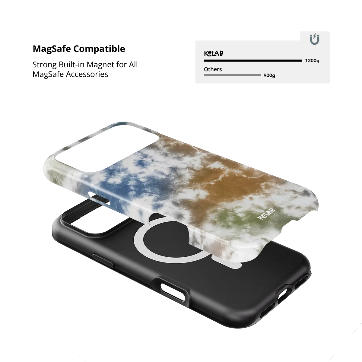 Indigo Soil brown-blue tie-dye Tough iPhone case with built-in strong MagSafe magnets.