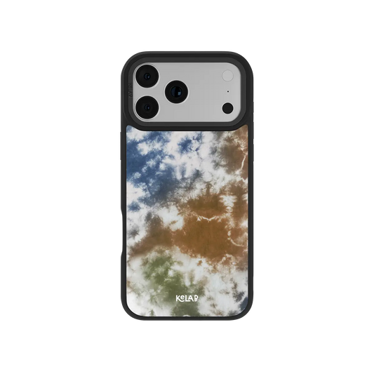 Tie-dye KELAB iPhone Case blue brown cloudy print with raised lens openings on a black edge