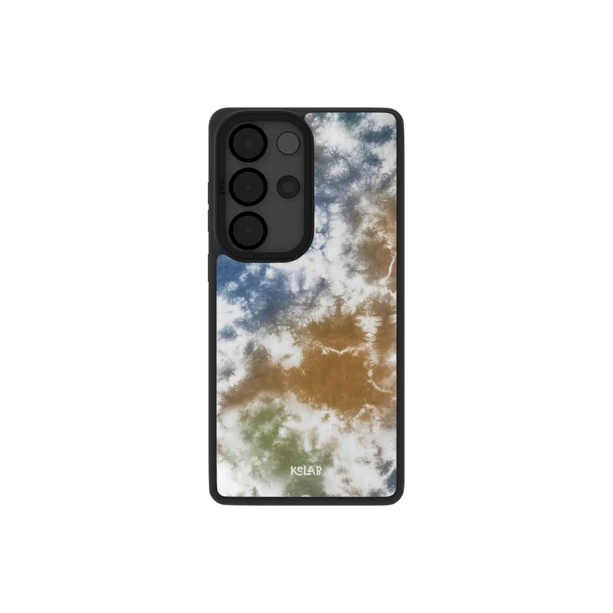 Brown and blue tie dye Samsung Galaxy case, back view with a sandy brown and navy swirl around the camera cutout