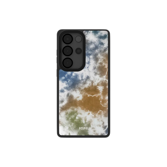 Brown and blue tie dye Samsung Galaxy case, back view with a sandy brown and navy swirl around the camera cutout