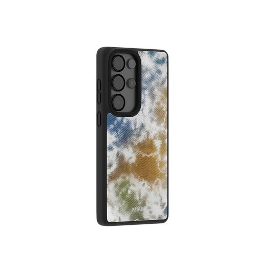 Brown and blue tie dye Samsung Galaxy case at a side angle showing the wrapped button covers