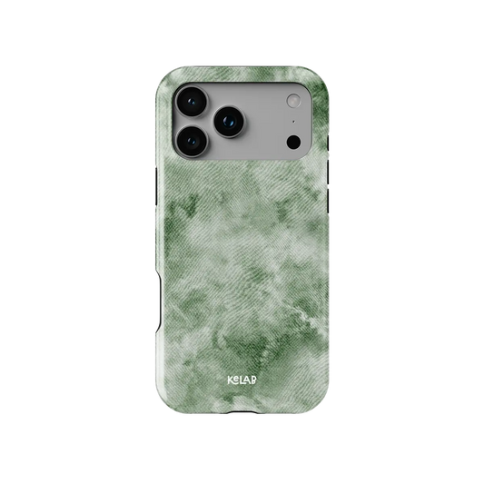 Eucalyptus Dream green tie-dye Tough iPhone case, front view showing the pattern.