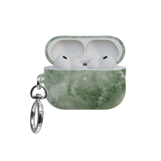 Green Tie-Dye airpods pro case front view with open lid and keychain